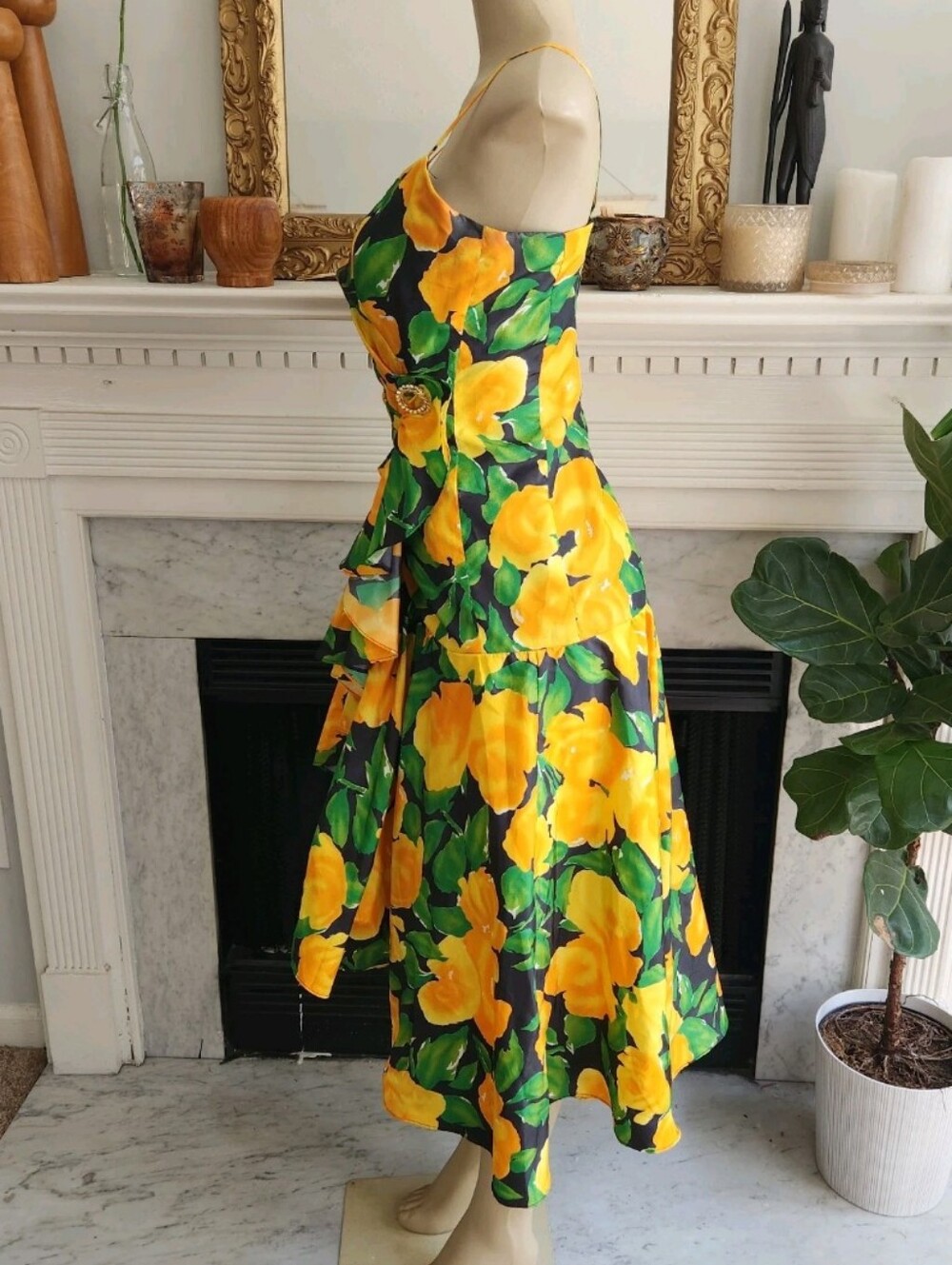 Vintage 90s Yellow Floral Dress Set Size 8 Taffeta Ruffle Bolero Resort Vacation - Picture 5 of 14